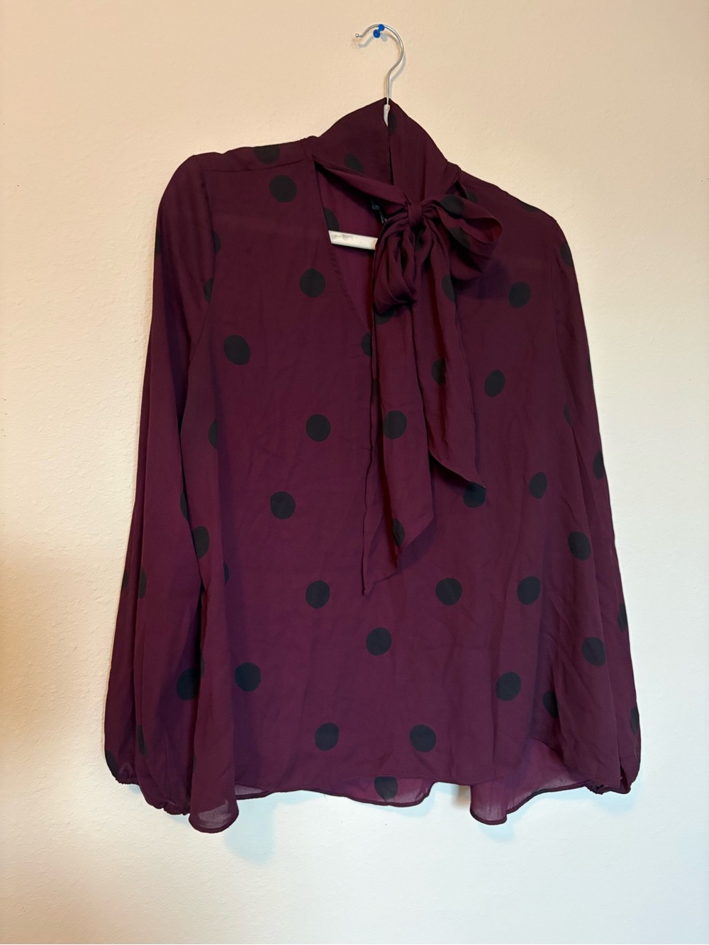 Worthington Plum Polka Dot Bow Tie Blouse